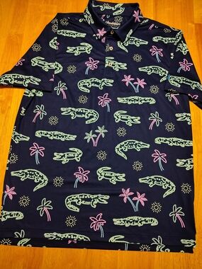 Chubbies The Neon Light Performance Polo Shirt Men Medium Navy Gator Palm Tree